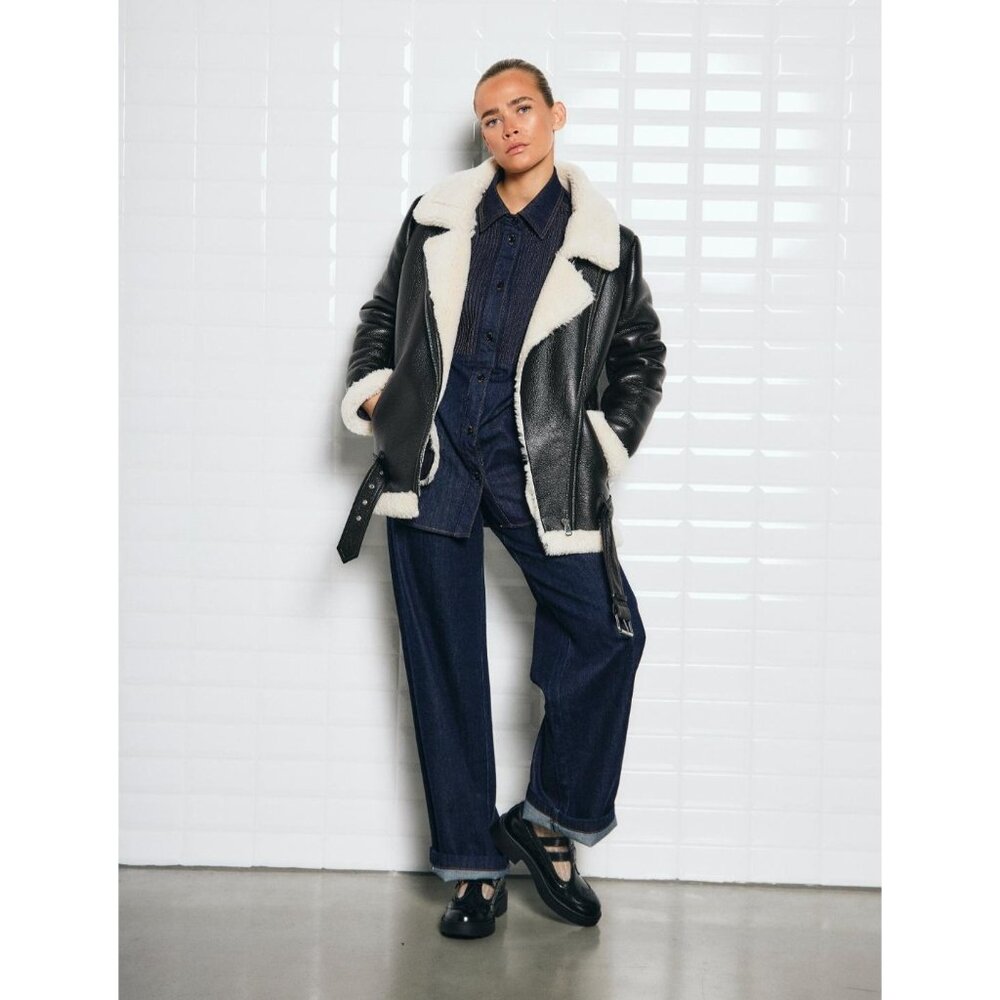 WITHBLACK Women's Faux Leather Shearling Aviator Jacket in Black - Sz M - NWT